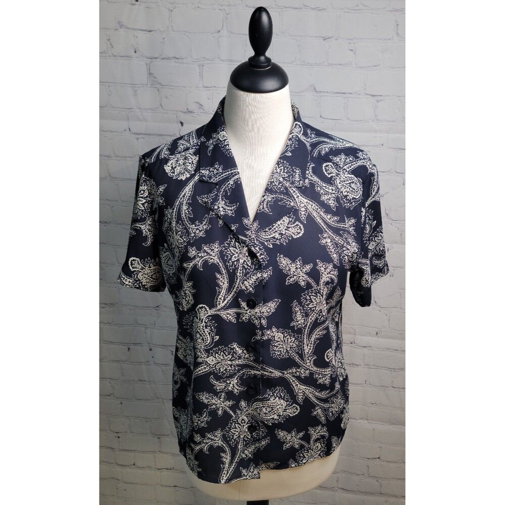 Vintage Liz Claiborne Petite Women's Button Up  Navy White size 6P Beach Floral